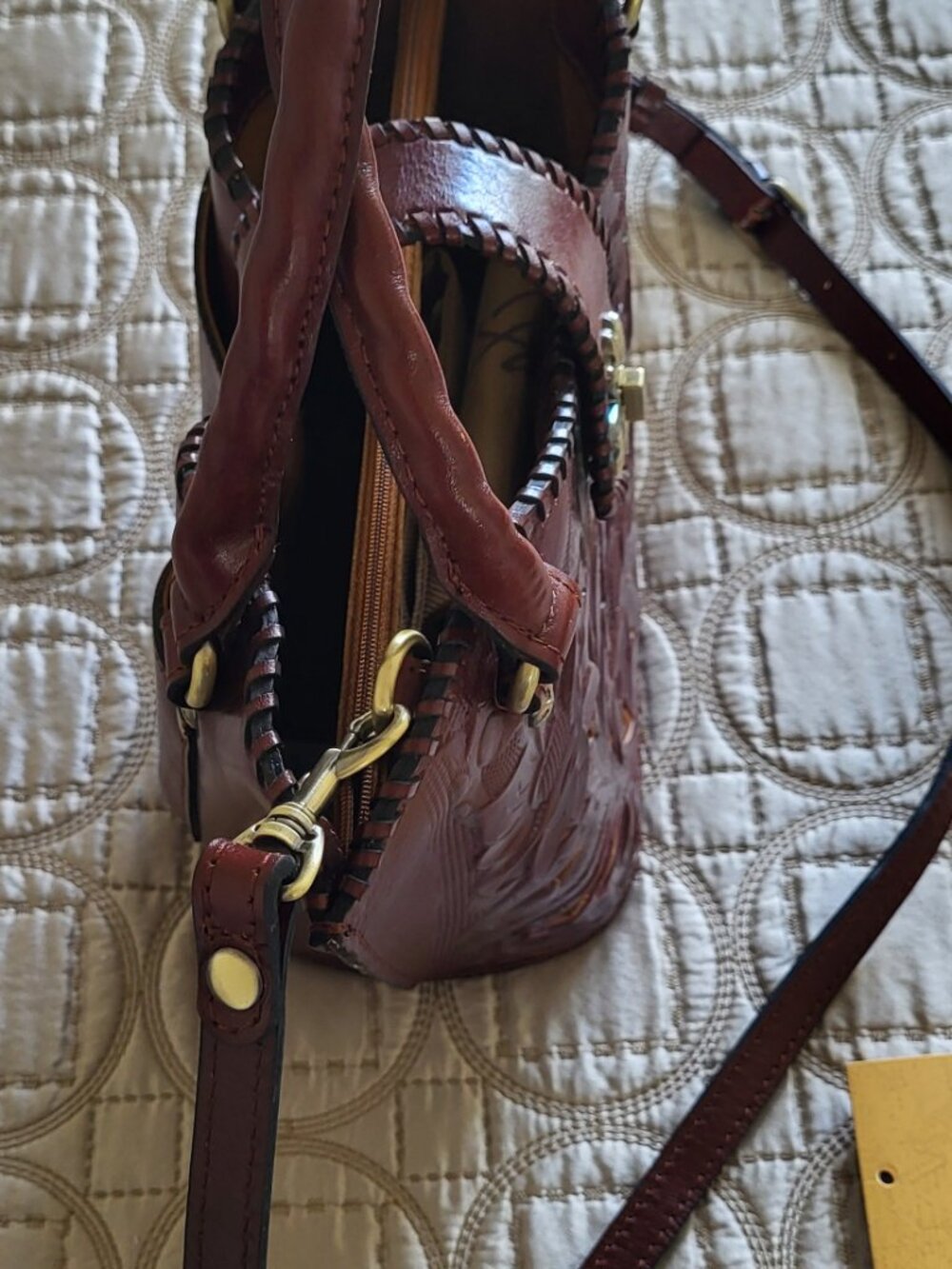 Patricia Nash NINETTA V Shape Leather Cutout Handbag ~ British Tan - Picture 6 of 9